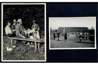 Spejdere, måltid i det fri og parade. To fotografier fra 1920'erne.