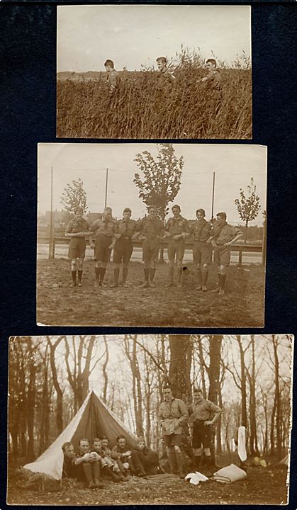 Spejdere. Drenge-spejdere på lejr. 3 fotografier fra 1920'erne.