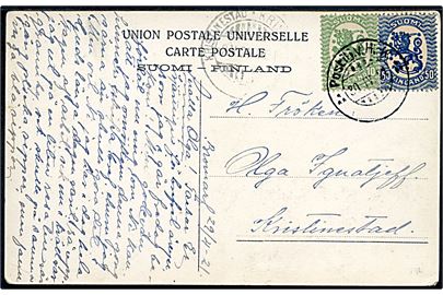 10 pen. og 50 pen. Løve på brevkort fra Bromarf annulleret med udslebet bureaustempel Postilj.v.J.-K. (= Hangö-Karios) d. 30.4.1921 til Kristinestad.