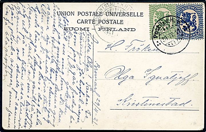 10 pen. og 50 pen. Løve på brevkort fra Bromarf annulleret med udslebet bureaustempel Postilj.v.J.-K. (= Hangö-Karios) d. 30.4.1921 til Kristinestad.