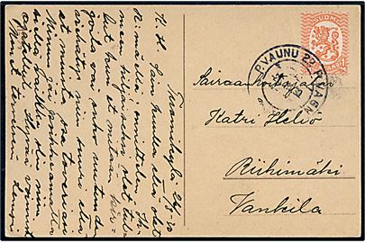 1 mk. Løve på brevkort annulleret med bureaustempel P.Vaunu 22 P.Vagn d. 26.3.1930 til Riihimäki.