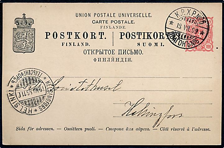 10 pen. helsagsbrevkort fra Wasa annulleret med 2-sproget bureaustempel K.P.X.P. No. 6 (= Vaasa-Tampere-Toijala) d. 18.7.1899 til Helsingfors.