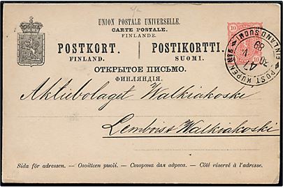 10 pen. helsagsbrevkort fra Tavastehus annulleret med bureaustempel Post Kupen No. 6 * Finland Suomi * No. 47 d. 30.7.1889 til Walkiakoski.