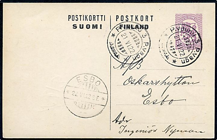 60 pen. Løve helsagsbrevkort fra Helsingfors annulleret med bureaustempel P.vaunu 3 P.vagn d. 21.6.1922 til Esbo.