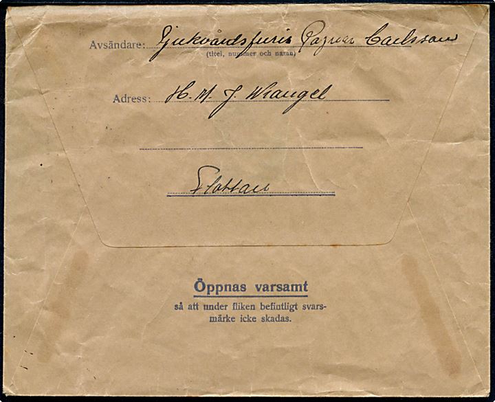 Militärbrev med ubenyttet svarmærke stemplet Postanstalten 1192* (= Nya Varvet 2) d. 29.5.1941 til Rungstorp (?). Sendt fra sømand ombord på H.M.Jagere Wrangel i Göteborgseskadern.
