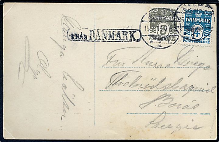 3 øre og 4 øre Bølgelinie på brevkort fra København annulleret med svensk stempel i Malmö d. 15.7.1918 og sidestemplet Från Danmark til Borås, Sverige.