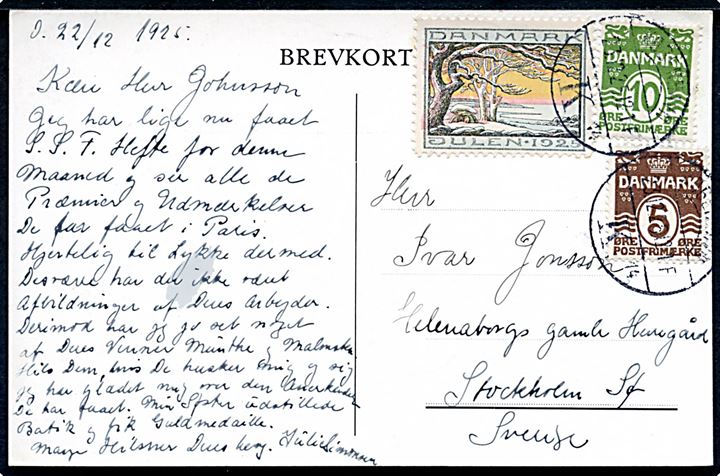 5 øre og 10 øre Bølgelinie og Julemærke 1925 på brevkort fra København d. 23.12.1925 til Stockholm, Sverige.