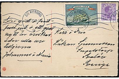 15 øre Chr. X og Julemærke 1922 på brevkort fra Silkeborg d. 21.12.1922 til Ingelstorp pr. Svalöv, Sverige.
