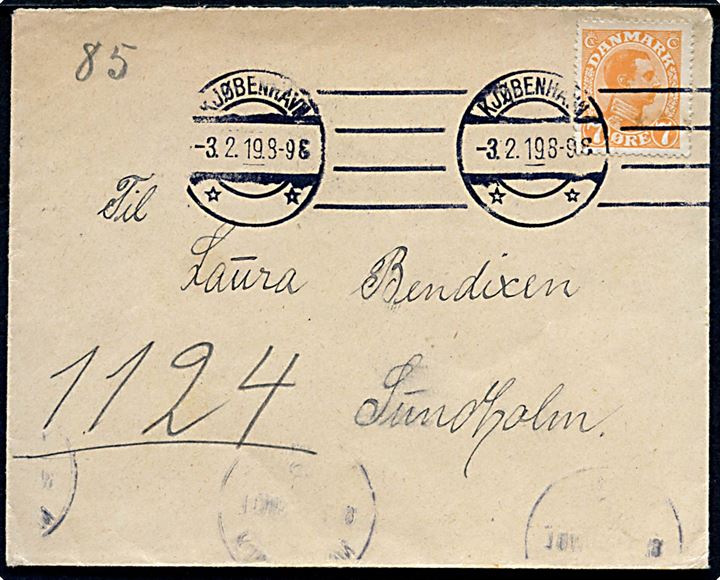 7 øre Chr. X single på lokalbrev i Kjøbenhavn d. 3.2.1919 til kvinde på Tvangsarbejdsanstalten Sundholm.