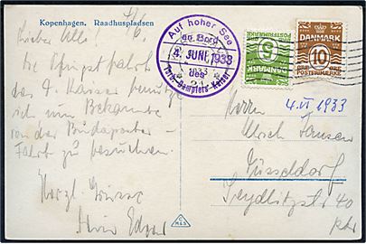 5 øre og 10 øre Bølgelinie på brevkort fra København d. 4.6.1933 med privat sidestempel Auf hoher See an Bord des Turb. Dampfer Kaiser d. 4.6.1933 til Düsseldorf, Tyskland.