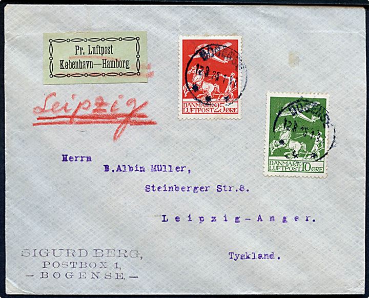 10 øre og 25 øre Luftpost på luftpost brev fra Bogense d. 12.8.1925 til Leipzig, Tyskland. 