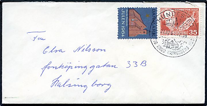 35 øre WHO og Julemærke 1964 på brev annulleret med turiststempel i Hundested d. 21.12.1964 til Helsingborg, Sverige.