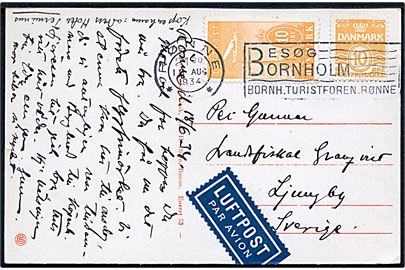 10 øre Bølgelinie og 10 øre Luftpost på luftpostkort annulleret med TMS Rønne *** / Besøg Bornholm / Bornh. Turistforen. Rønne d. 18.8.1934 til Ljungby, Sverige.