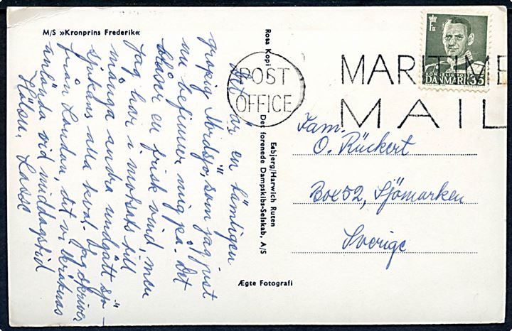 35 øre Fr. IX på brevkort (M/S Kronprins Frederik) annulleret med britisk skibsstempel Post Office / Maritime Mail til Sjömarken, Sverige. 
