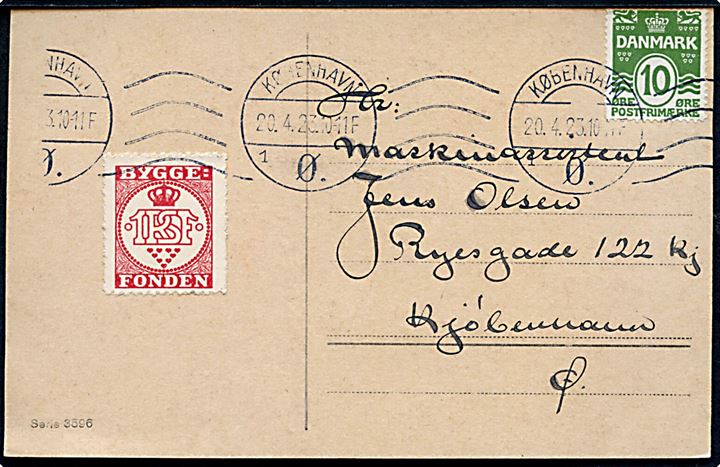 10 øre Bølgelinie og 1 RSF Byggefond mærkat på lokalt brevkort i København d. 20.4.1923.