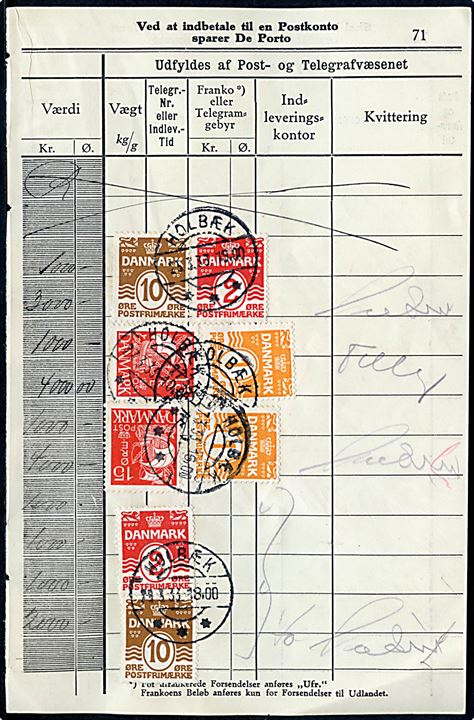 1 øre (2), 2 øre (2), 10 øre (2) Bølgelinie og 15 øre Karavel (2) som forsikrings-gebyr for værdibreve på side fra postkvitteringsbog annulleret i Holbæk i perioden 25.3.-29.3.1933.