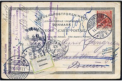 10 øre Chr. IX på brevkort (Hillerød Jernbanehotel) fra Frederiksborg d. 11.9.1905 til Charlottenburg, Tyskland. Retur med flere stempler og 2-sproget returetiket Unbekannt.