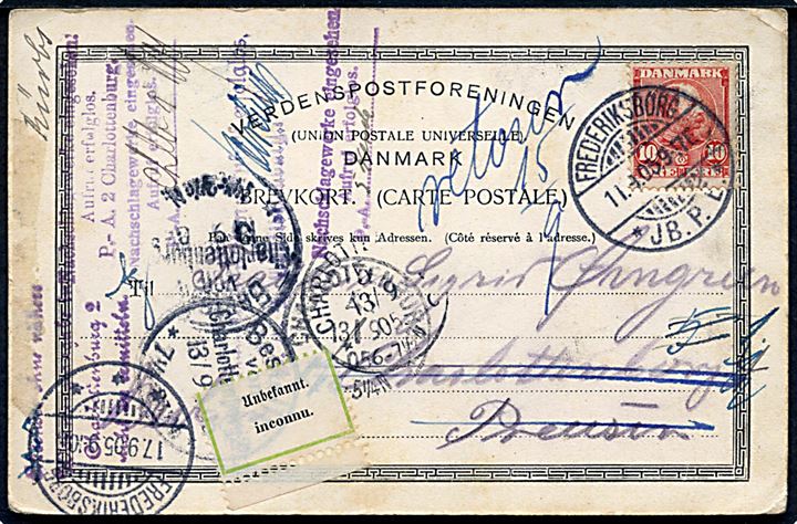 10 øre Chr. IX på brevkort (Hillerød Jernbanehotel) fra Frederiksborg d. 11.9.1905 til Charlottenburg, Tyskland. Retur med flere stempler og 2-sproget returetiket Unbekannt.