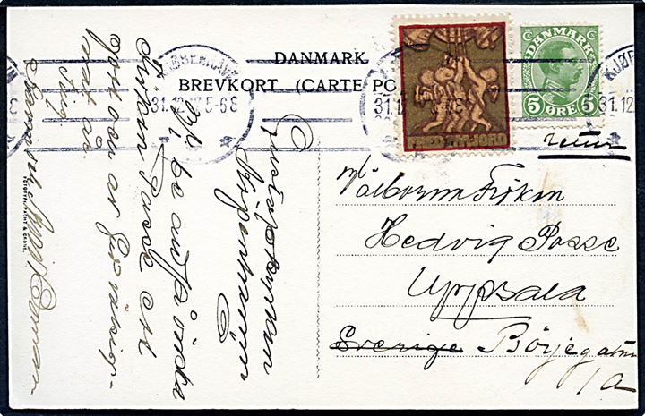 5 øre Chr. X og Julemærke 1917 på brevkort fra Kjøbenhavn d. 31.12.1917 til Uppsala, Sverige.