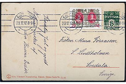 5 øre Bølgelinie og Julemærke 1912 på julekort fra Kjøbenhavn d. 23.12.1912 til Svedala, Sverige.