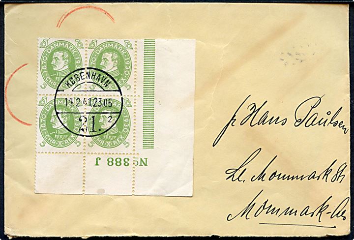 5 øre Chr. X 60 år i fireblok med marginal-nr. 388 J på filatelistisk brev fra København 21 d. 14.2.1941 til Mommark.