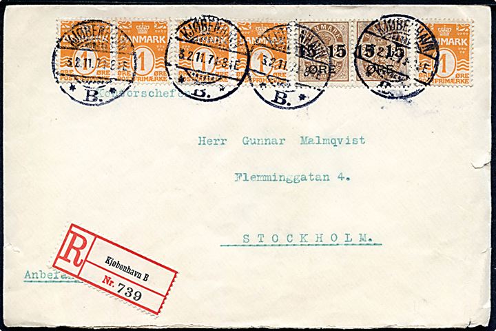 1 øre Bølgelinie (5) og 15/24 øre Provisorium (par) på 35 øre på 2. vægtkl. anbefalet brev fra Kjøbenhavn d. 3.2.1911 til Stockholm, Sverige.
