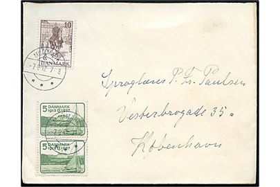 5 øre (par) og 10 øre Regentjubilæum på brev annulleret med brotype IIc Mommark d. 7.9.1942 til København.
