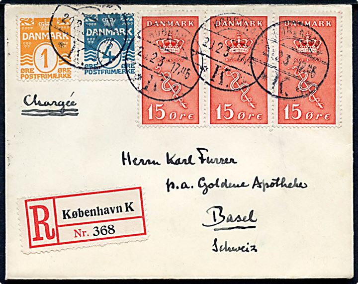 1 øre, 4 øre Bølgelinie og 15+5 øre Kræftmærke i vandret 3-stribe på 50 øre frankeret anbefalet brev fra København d. 20.2.1931 til Basel, Schweiz.