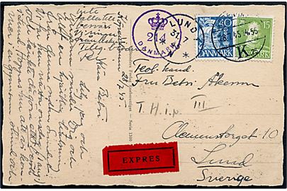 15 øre Chr. X og 40 øre Karavel på ekspres brevkort fra København d. 28.7.1945 til Lund, Sverige. Dansk efterkrigscensur (krone)/214/Danmark.