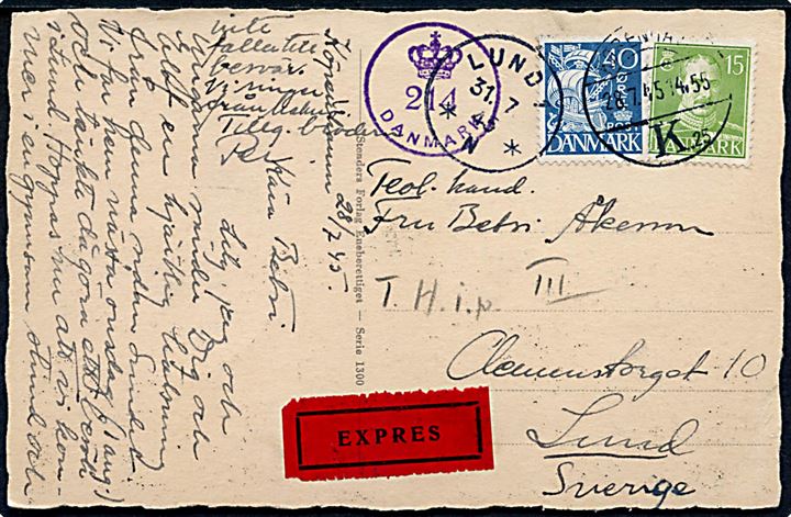 15 øre Chr. X og 40 øre Karavel på ekspres brevkort fra København d. 28.7.1945 til Lund, Sverige. Dansk efterkrigscensur (krone)/214/Danmark.