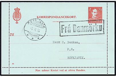 20 øre Chr. X helsags korrespondancekort (fabr. 83) med rand annulleret med islandsk skibsstempel Frá Danmörku og sidestemplet Reykjavik d. 6.6.1956 til Reykjavik. Filatelistisk.