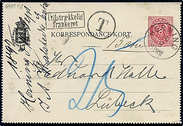 8 øre helsags korrespondancekort sendt underfrankeret med lapidar Herning d. 16.9.1892 til Lübeck, Tyskland. Sort T-stempel og rammestempel Utilstrækkelig frankeret, samt udtakseret i 25 pfg. tysk porto.