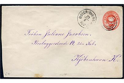 8 øre helsagskuvert annulleret med nr.stempel 240 og sidestemplet lapidar Øster-Svenstrup d. 29.8.1883 til Kjøbenhavn. Postekspeditionen flyttede i 1897 til Skovsgaard.