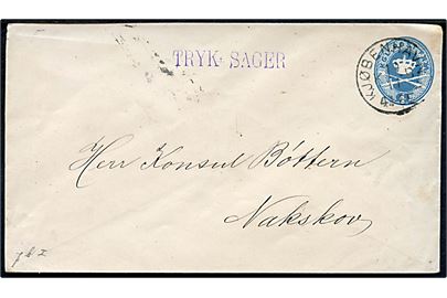 4 øre helsagskuvert med violet stempel TRYK SAGER fra Kjøbenhavn d. 19.11. ca. 1890 til Nakskov.
