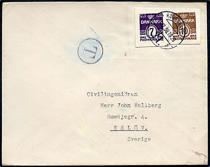 7 øre og 10 øre helsagsafklip på brev fejlagtigt med T-portostempel fra København d. 16.12.1938 til Eslöv, Sverige.