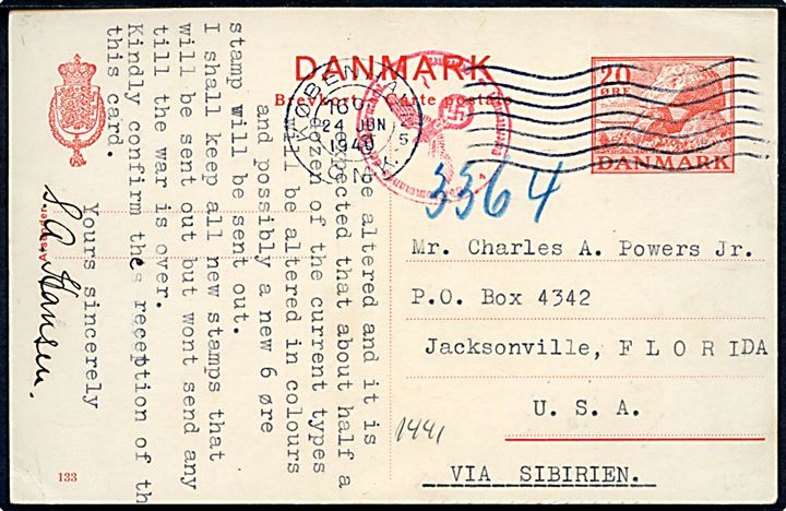 20 øre Kæmpehøj helsagsbrevkort (fabr. 133) fra København d. 24.6.1940 til Jacksonville, USA. Påskrevet via Sibirien og passér stemplet ved den tyske censur i Berlin.