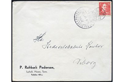 20 øre Chr. X på brev annulleret med stjernestempel HOUEN og sidestemplet Tarm d. 12.8.1945 til Viborg.