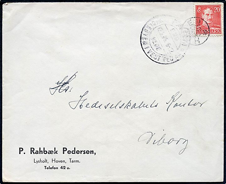 20 øre Chr. X på brev annulleret med stjernestempel HOUEN og sidestemplet Tarm d. 12.8.1945 til Viborg.