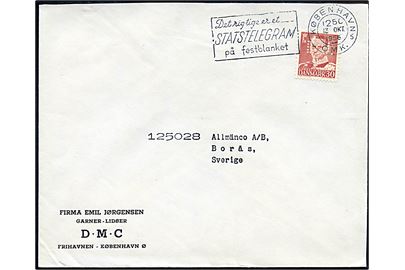 30 øre Fr. IX med perfin E.J.F. på brev fra firma Emil Jørgensen Frihavnen stemplet København d. 13.10.1956 til Borås, Sverige.