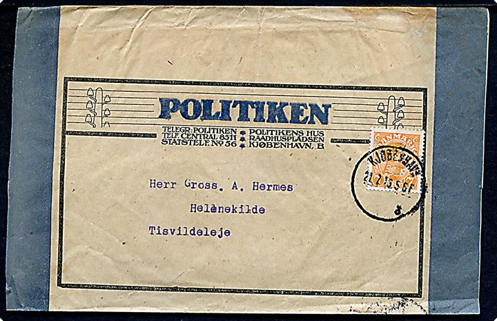 7 øre Chr. X med perfin POL på illustreret tryksags korsbånd fra Dagbladet Politiken i Kjøbenhavn d. 21.7.1919 til Tisvildeleje.