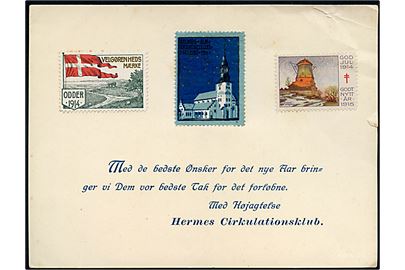 Julehilsen fra Hermes Cirkulationsklub med Aalborg Alm. Understøttelsesforening og Odder Julemærke 1914, samt svensk julemærke 1914.