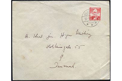 20 øre Chr. X på brev fra Julianehaab d. 12.4.1951 til København. På bagsiden mærkat fra Foreningen til Hjælp for Grønlandske Børn.