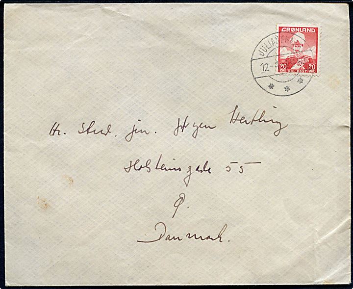 20 øre Chr. X på brev fra Julianehaab d. 12.4.1951 til København. På bagsiden mærkat fra Foreningen til Hjælp for Grønlandske Børn.