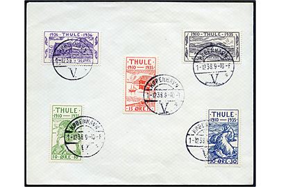Komplet sæt Thule udg. på uadresseret filatelistisk kuvert annulleret med dansk stempel København V. d. 1.12.1938 - første dag for de officielle grønlandske frimærker.