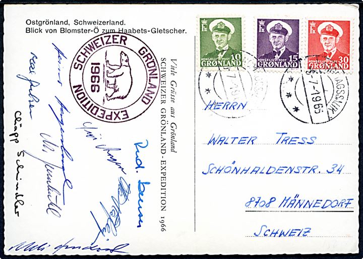 10 øre, 15 øre og 30 øre Fr. IX på officielt ekspeditionsbrevkort annulleret Angmagssalik d. 9.7.1966 og sidestemplet Schweizer Grönland Expedition 1966 og autografer fra 8 ekspeditionsdeltagere til Männedorf, Schweiz.