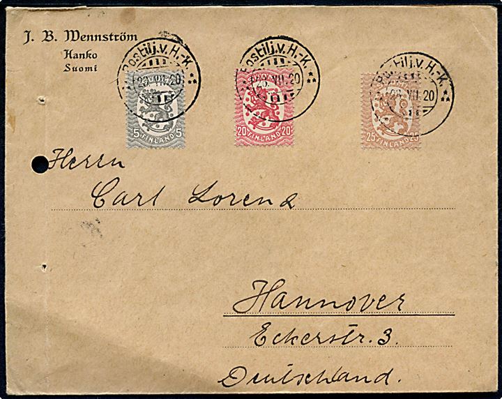 5 pen., 20 pen. og 25 pen. Løve på brev fra Hangö annulleret med udslebet bureaustempel Postilj.v. H.-K. *** (= Hangö-Karios) d. 28.7.1920 til Hannover, Tyskland.