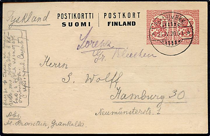 10+10 pen. provisorisk helsagsbrevkort fra Grankulla annulleret med udslebet bureaustempel Postilj.v. H-K-K. (= Helsingfors-Kyrkslätt-Karis) d. 24-4-1920 til Hamburg, Tyskland.