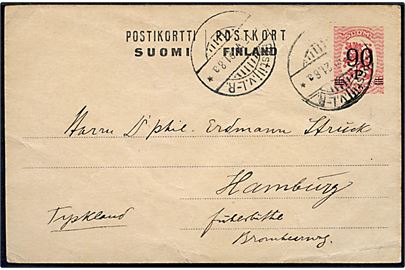 90/40 pen provisorisk helsagsbrevkort fra Rovaniemi i Lapland annulleret med udslebet bureaustempel Postilj.v.L-R. (= Laurila-Rovaniemi) d. 15.6.1921 til Hamburg, Tyskland.