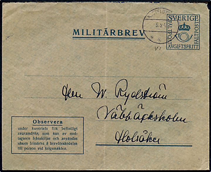 Militärbrev stemplet Kustflottan d. 5.9.1941 til Holsåker. Sendt fra sømand ombord på ubåden Springaren. Svarmærke fjernet.