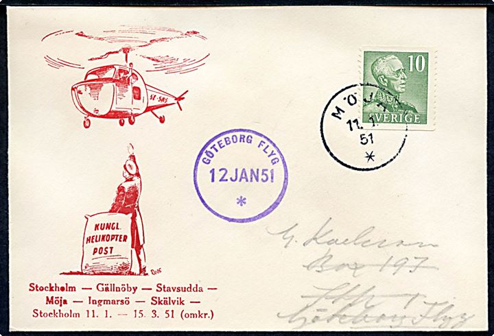 10 öre Gustaf på illustreret ispost helikopter-brev fra Möja d. 11.1.1951 til Göteborg Flyg.